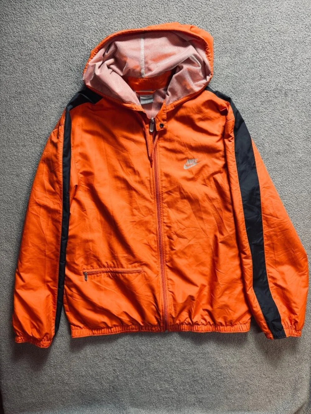 Nike Orange Black Hooded Windbreaker Jacket Men’s Large Full Zip Lightweight Y2K